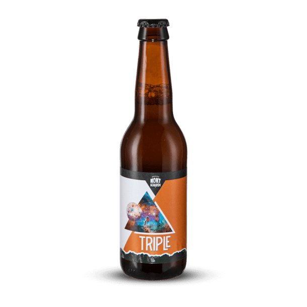 Bière Mont Hardi Triple avec une étiquette orange et une illustration en forme de triangle
